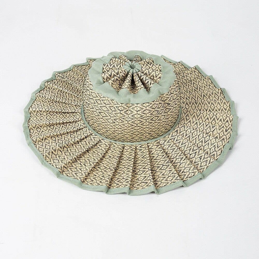 MKS America - Boho Checkered Straw Hat Foldable Beach Sun Hat: TGrass / M