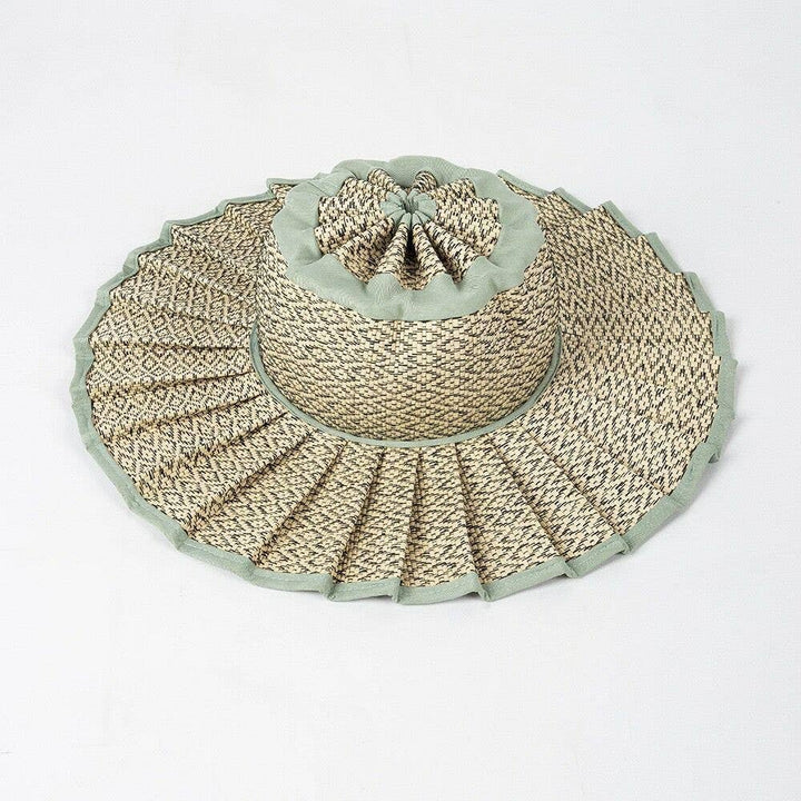 MKS America - Boho Checkered Straw Hat Foldable Beach Sun Hat: TGrass / M