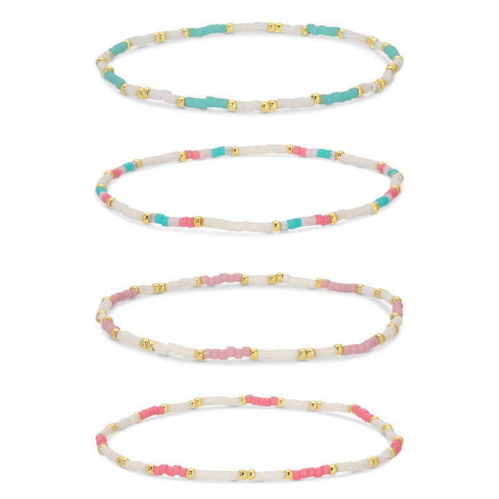 Splendid Iris - Set/12 miyuki delica stretch bracelets: White/Pink/Aqua