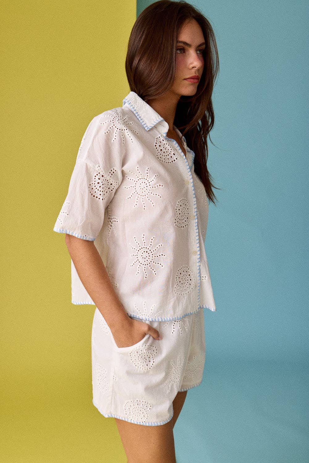 Papermoon - PX19371 SEASHELL EYELET BUTTON DOWN TOP SHORT SET: WHITE