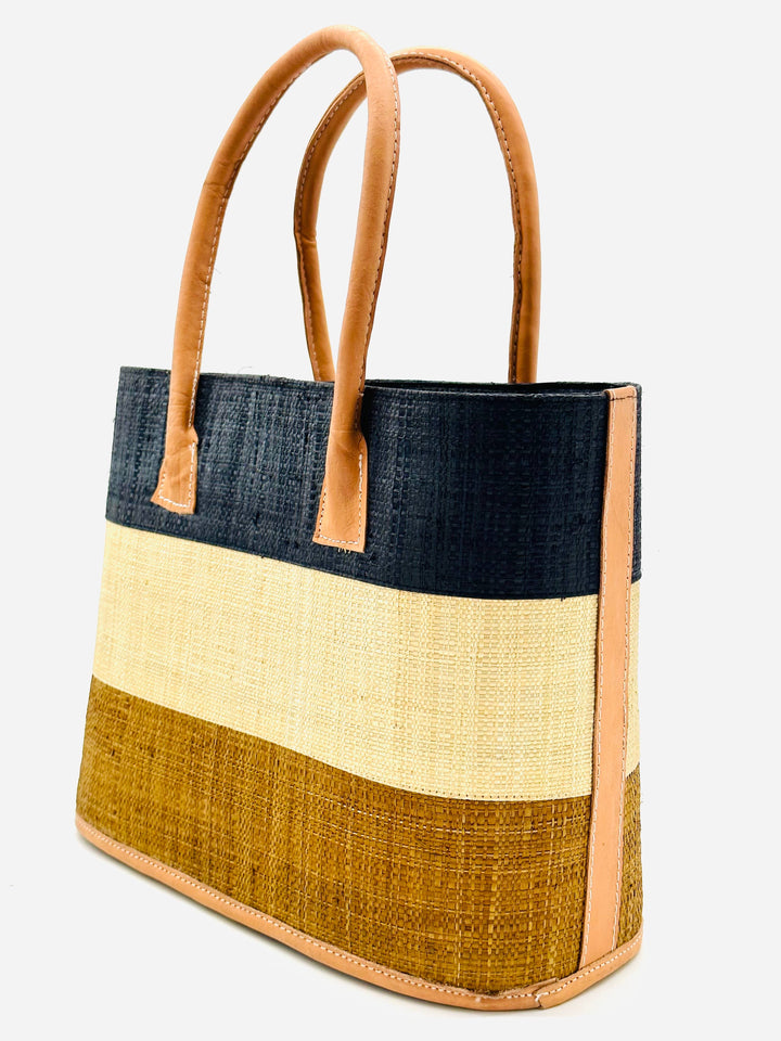 Shebobo - Santorini Color Block Straw Basket Bag Handbag: Medium / Tobacco & Black