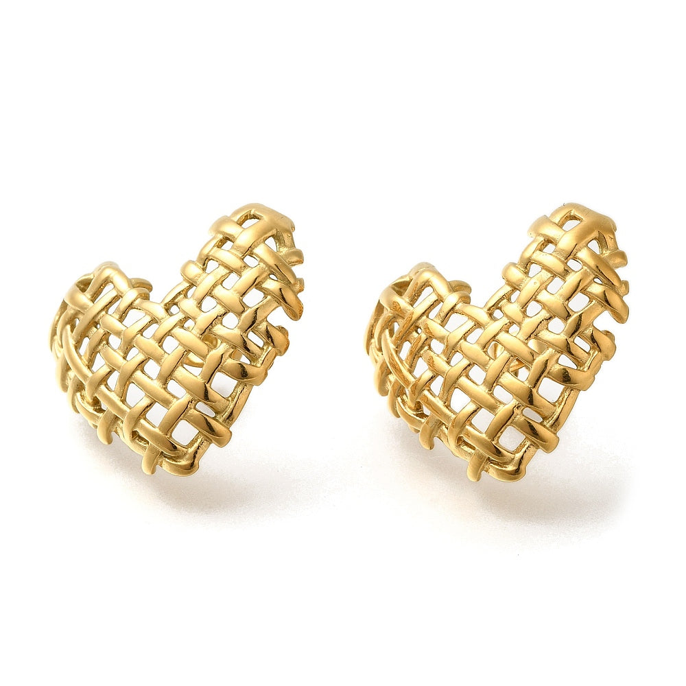 PVD Vacuum Plating 304 Stainless Steel Woven Heart Stud Earrings for Women, Golden, 25.5x28.5mm