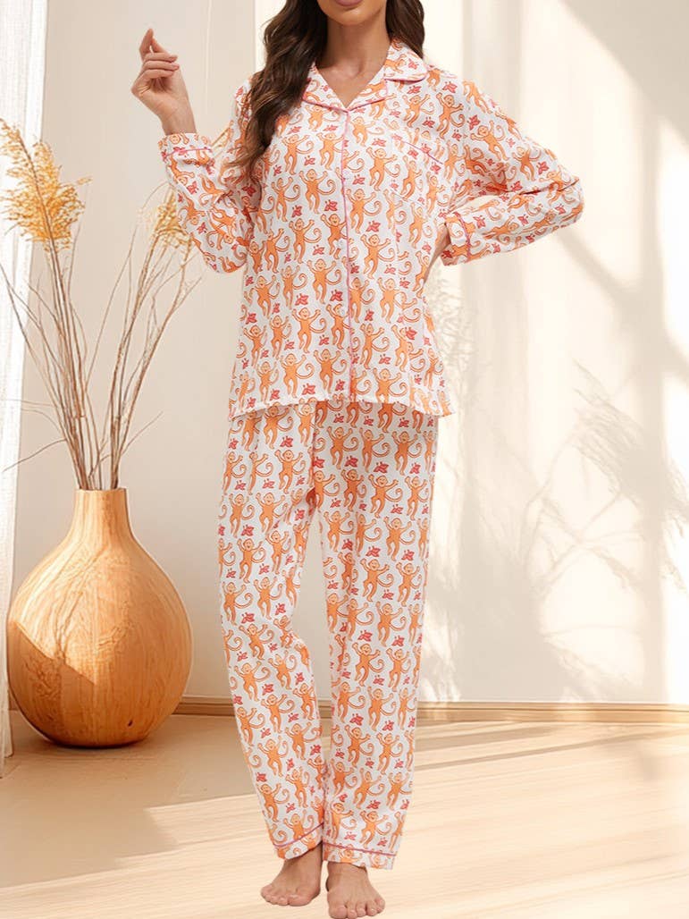 Rosa Clothing - Cute Comfy Monkey Print Long Sleeve Pajama Set: Blue