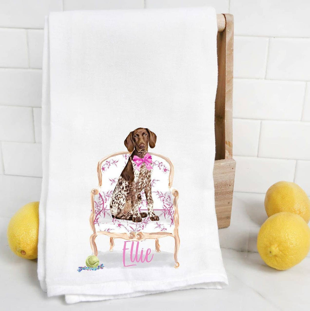 The Preppy Pineapple Home - Custom Brown Pointer Flour Sack Towel with Pet Name: No Accessory / Wingback Chair