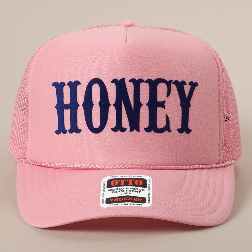 Fashion City - HONEY Text Logo Printed Mesh Back Trucker Hat: Pink / ONE SIZE
