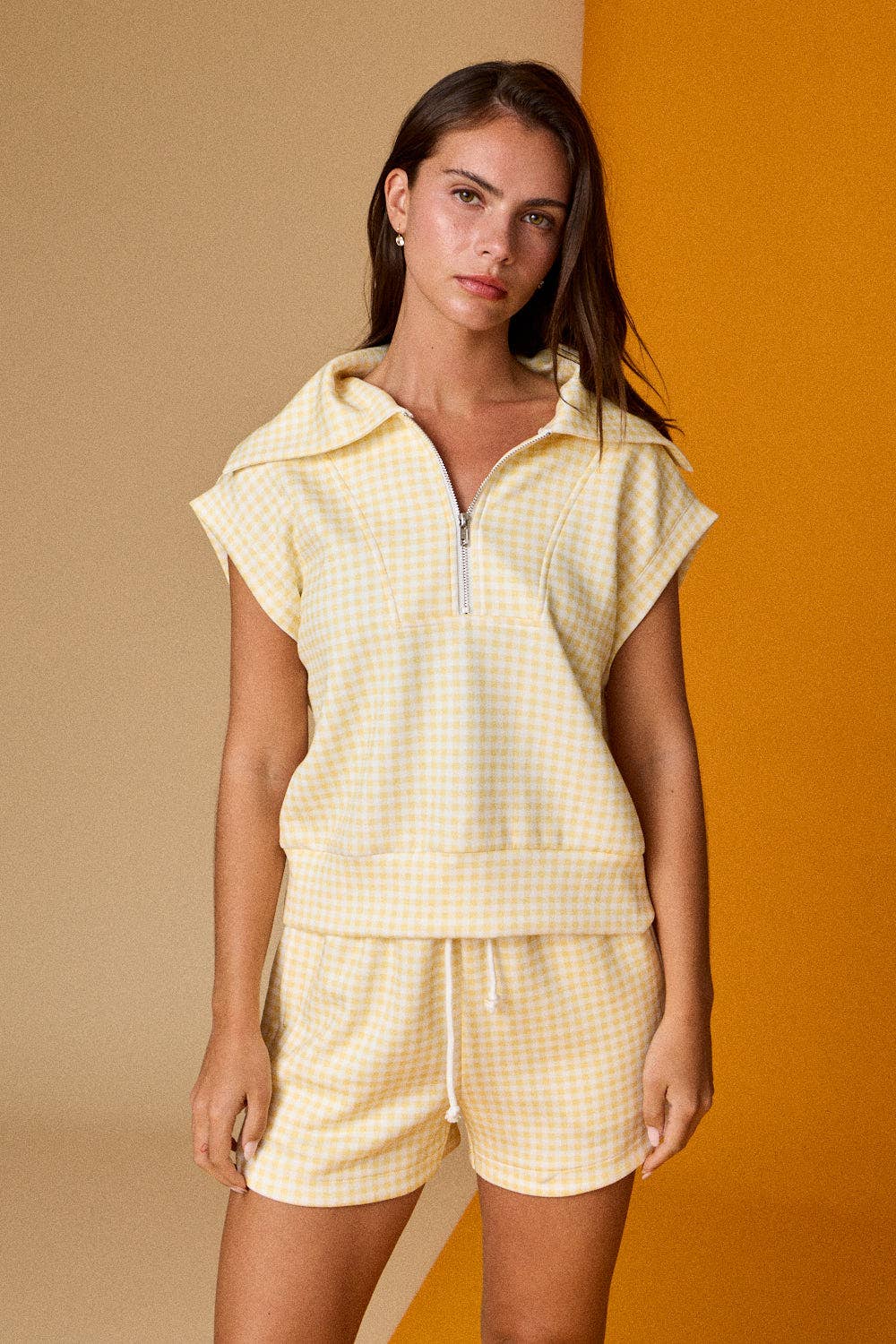 Papermoon - PX17846-3 - Gingham Zip Up Top Short Set: PINK / S-M-L (3-2-1)