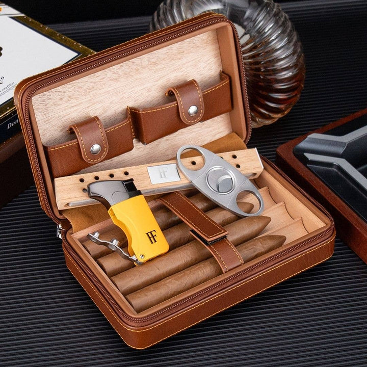 Fluid And Fire - Dominus 4-Slot Leather Travel Case – Torch, Cutter & Humidity Chamber: Maroon Case + Yellow Torch + Cutter