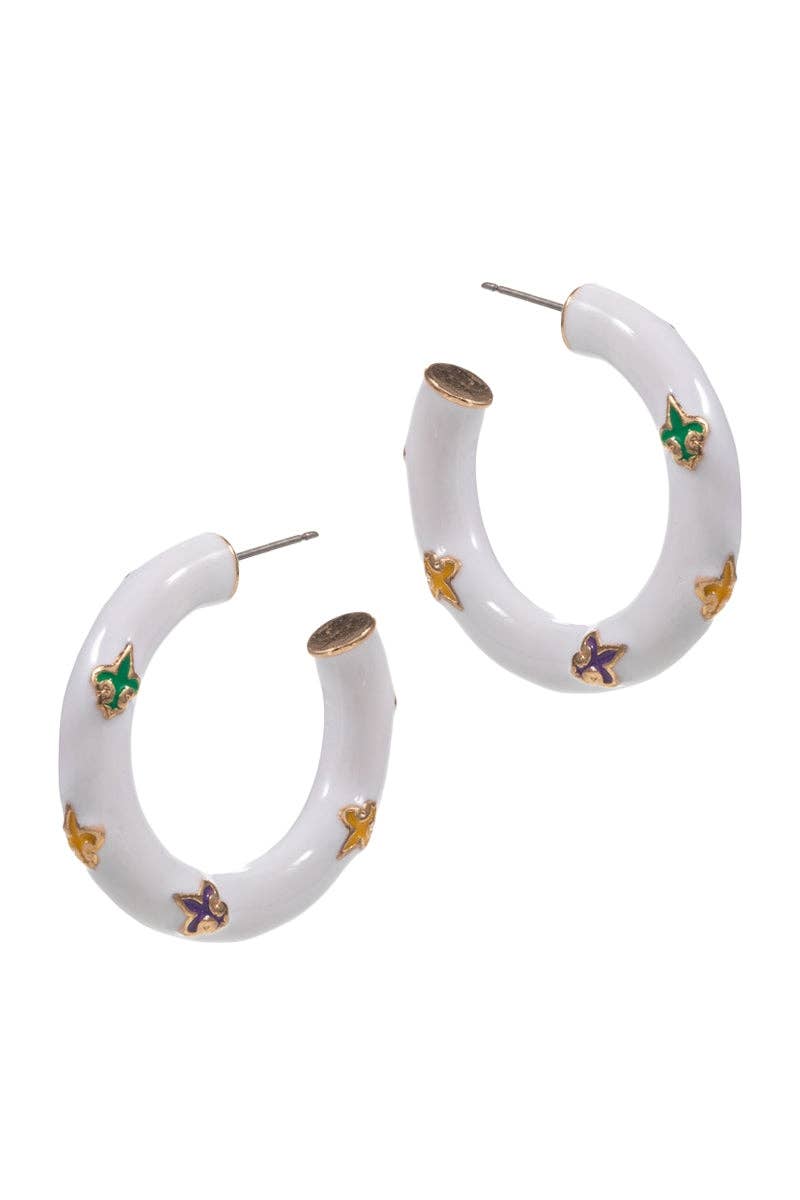 Verita Lane - Mardi Gras Fleur De Lis Enamel Hoop Earrings Hypoaller: White / ONE