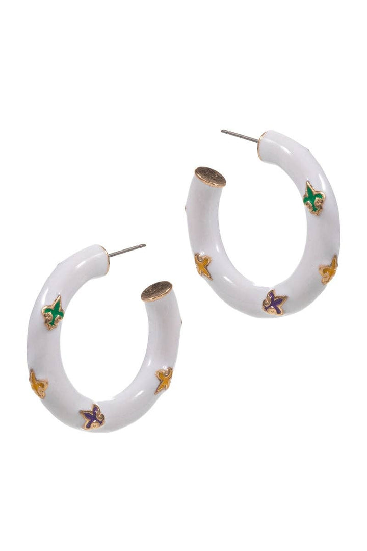Verita Lane - Mardi Gras Fleur De Lis Enamel Hoop Earrings Hypoaller: White / ONE