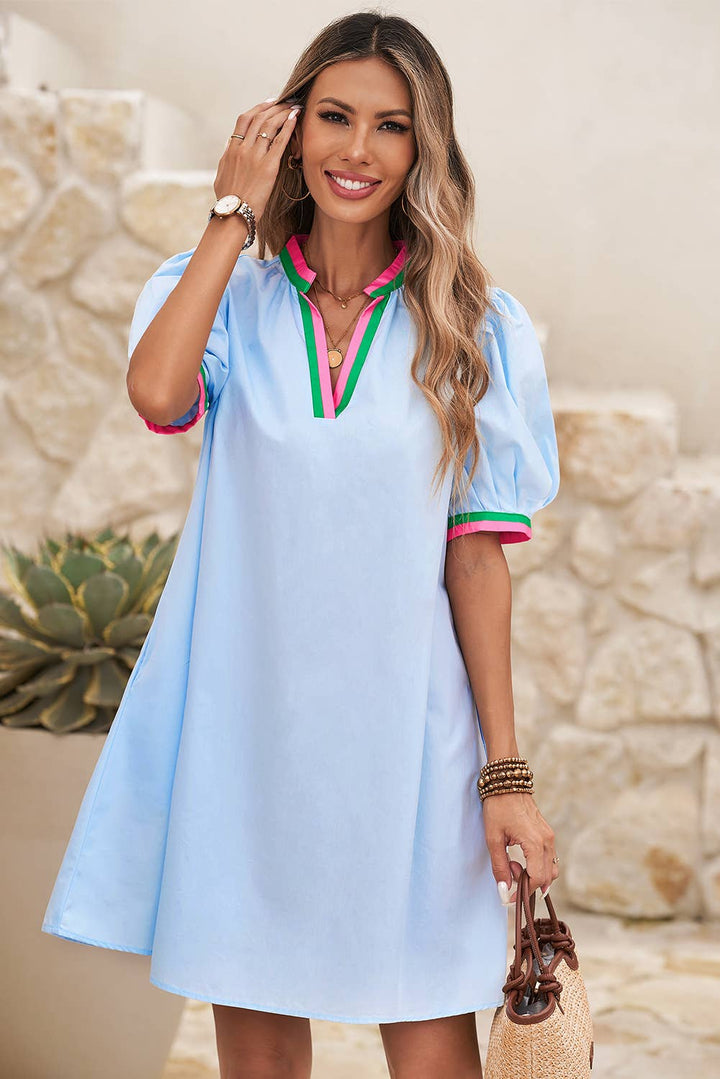 Contrast Striped Detail Notched Neck Puff Sleeve Dress: Myosotis / L