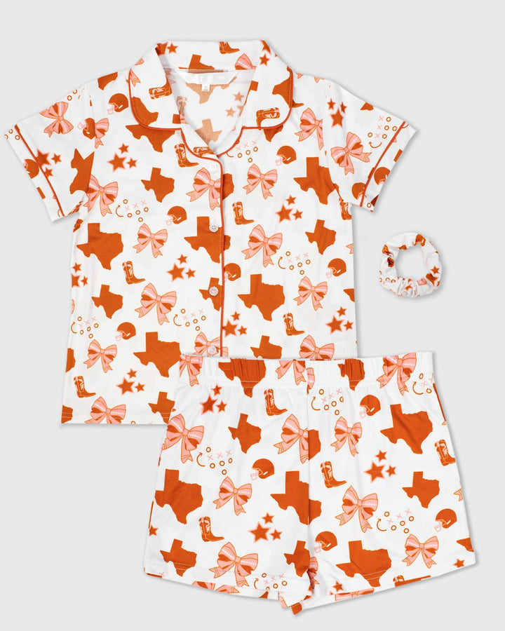 The Royal Standard - Girl's Put A Bow On It Sleep Shorts Set   White/Burnt Orange/Pink   -Asst.: Small (6-7)