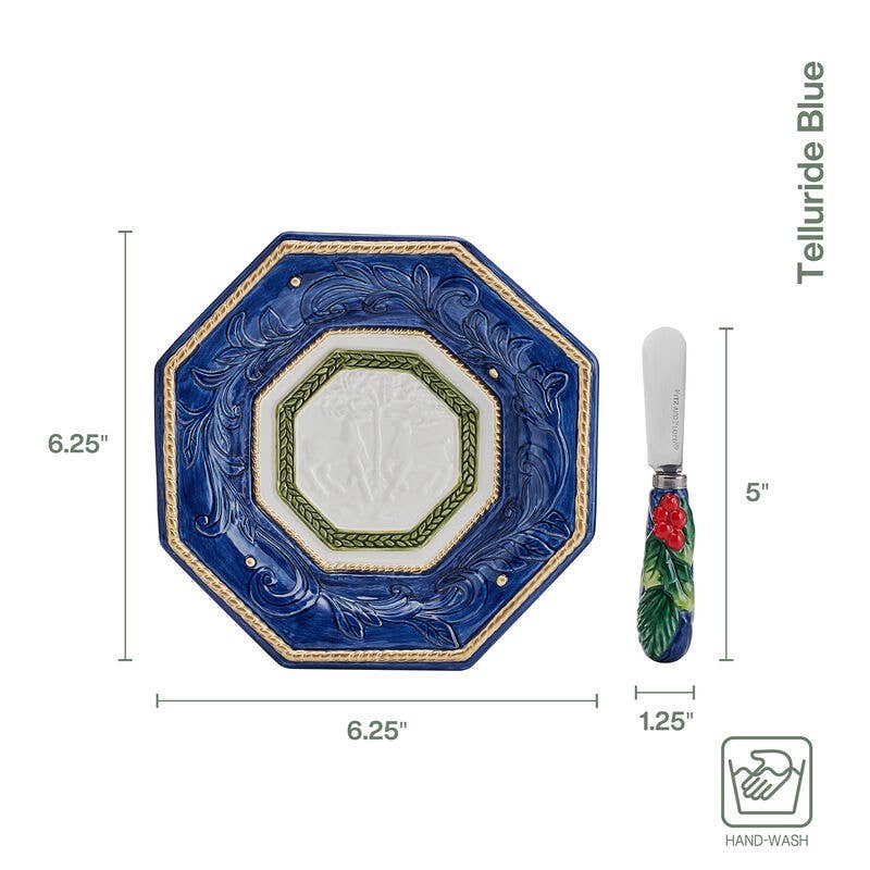 Fitz and Floyd® Mikasa® Pfaltzgraff® - Fitz & Floyd Telluride Blue Snack Plate Spread Set Gift Box: Blue / Earthenware / Christmas