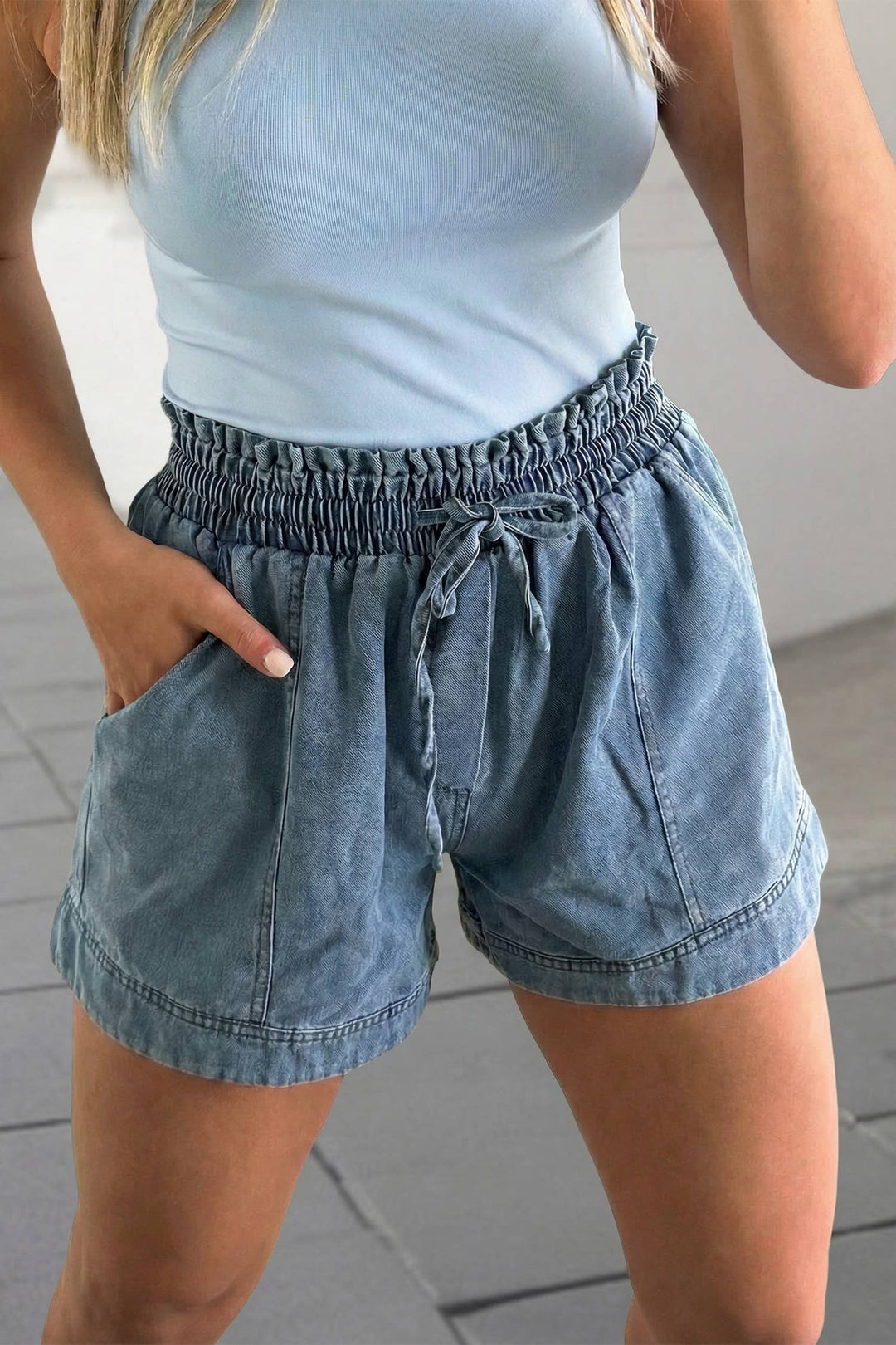 Aapparella - Smocked Elastic Waist Denim Shorts | S-XL : Dusk Blue / 12