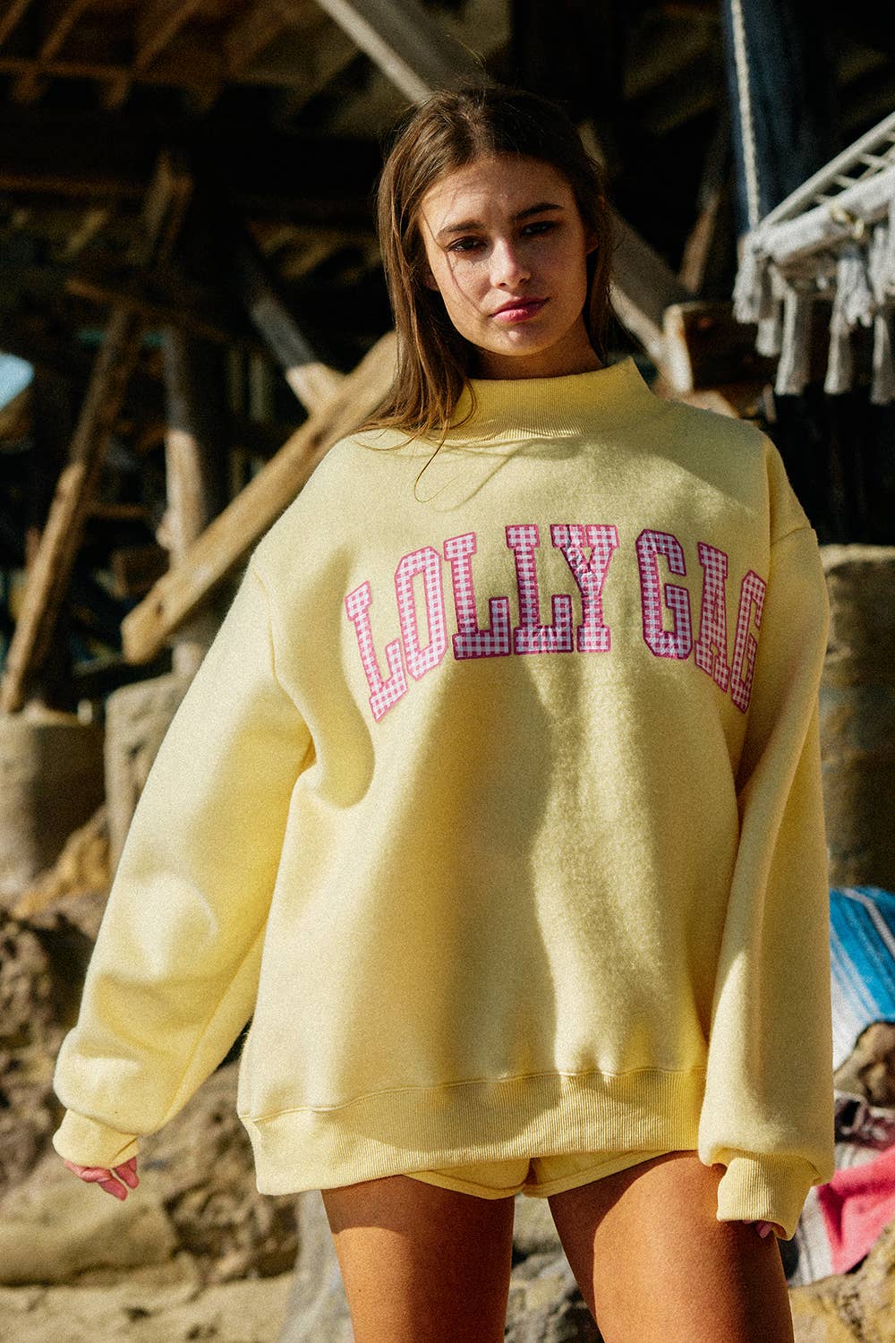 BUCKETLIST INC - IT2594-DILLYDALLY2 | Reversible Mockneck Sweatshirt: Butter Yellow / S/M-L/XL (3-3)