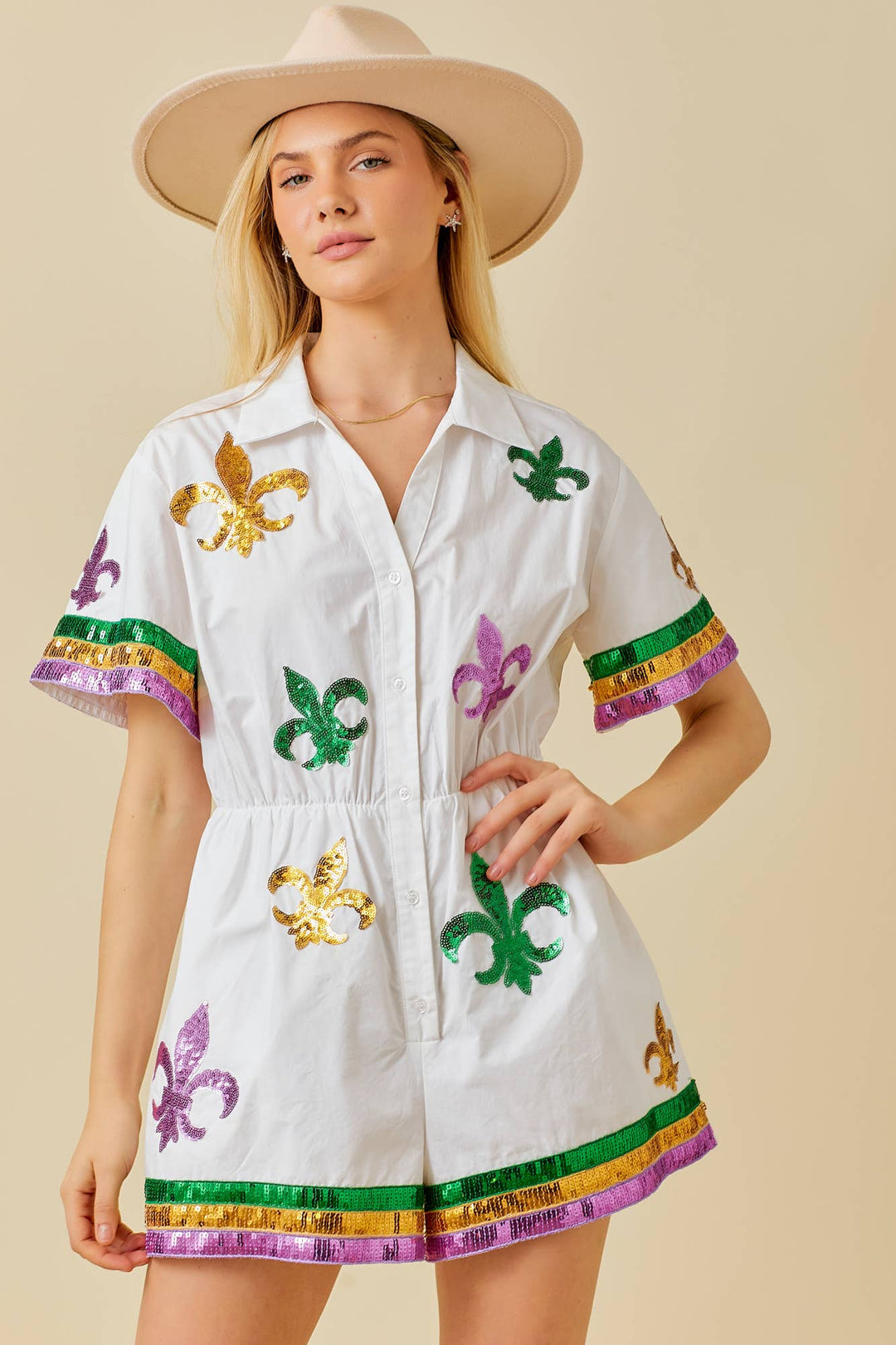 Main Strip - Mardi Gras Sequin Trim Solid Romper: WHITE / M