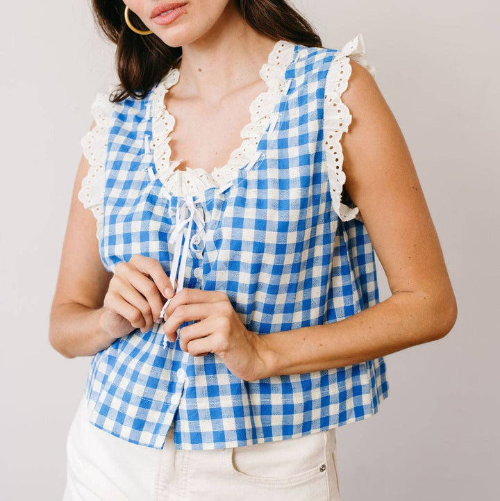 Sunshine Tienda - Blue Bay Gingham Birdie Top: M