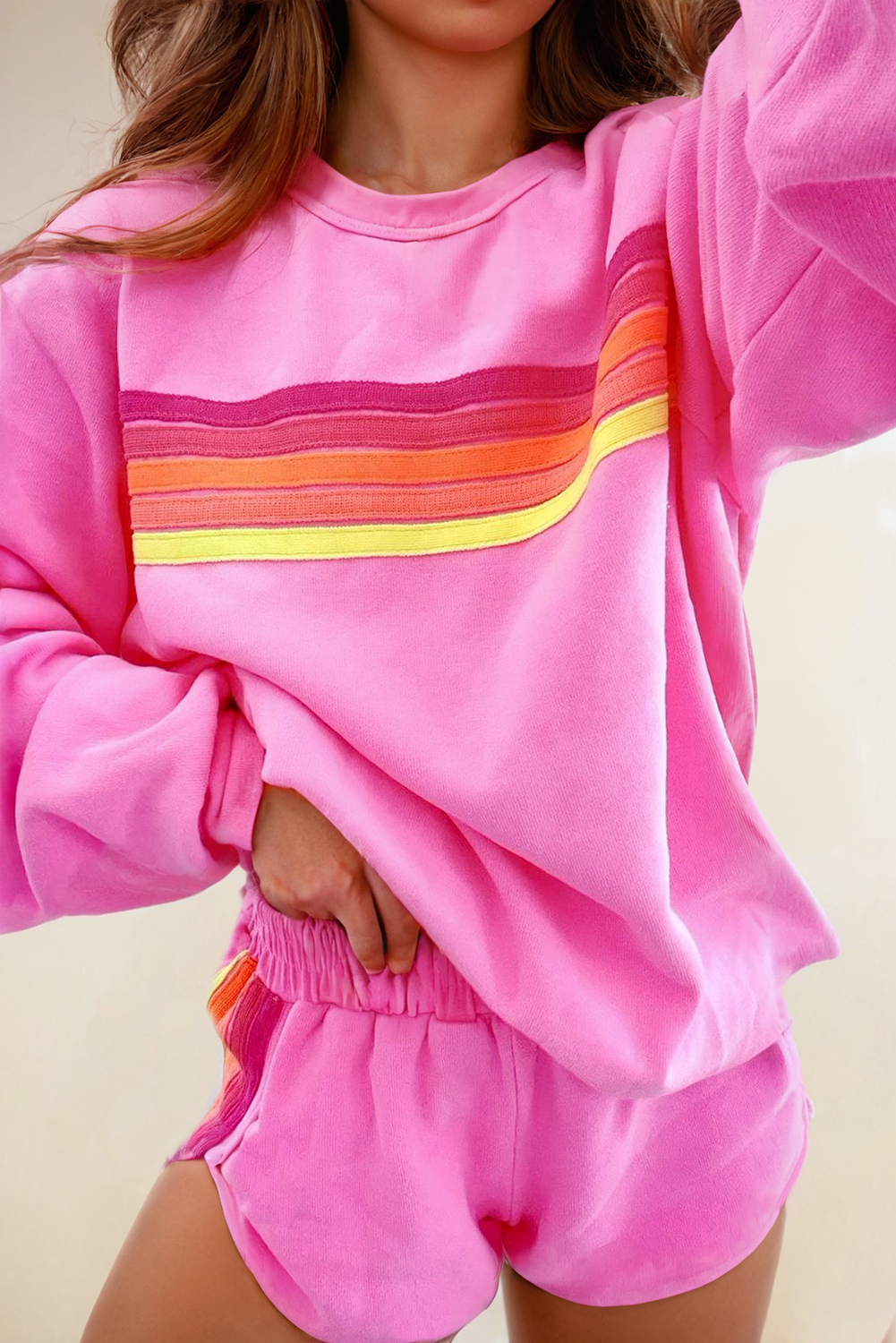 LA Society - Color Contrast Trim Long Sleeve and Shorts Set: Beige L