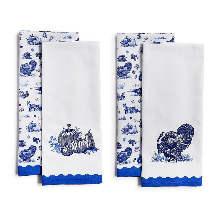 Falling for Blue Toile Set of 2 Dish Towels Includes Embroidered and Printed Pattern Assorted 2 Designs
