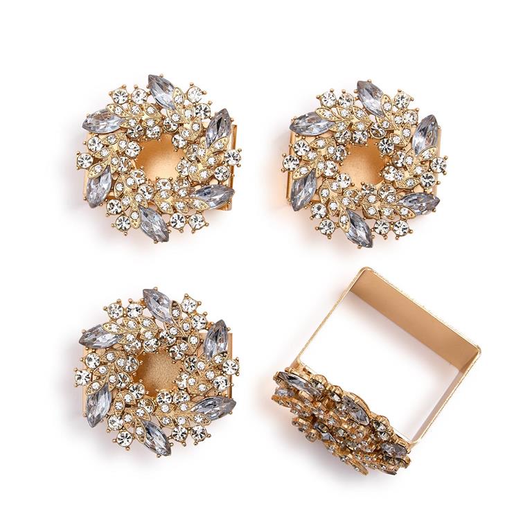 Set of 4 Jeweled Wreath Square Napkin Rings in Gift Box