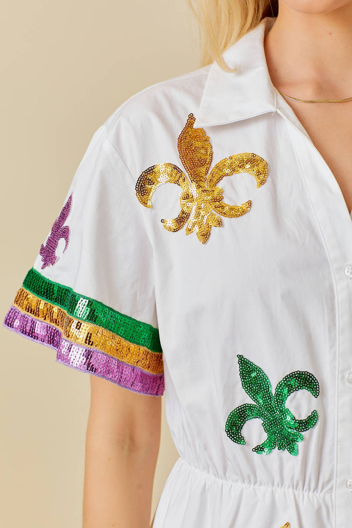 Main Strip - Mardi Gras Sequin Trim Solid Romper: WHITE / L