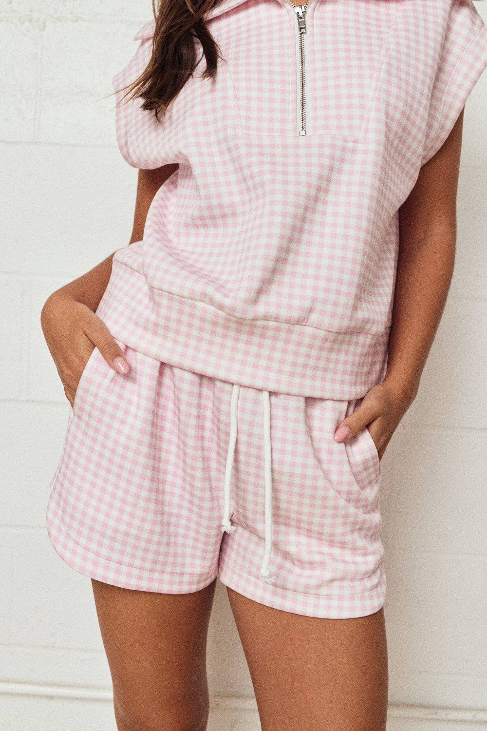 Papermoon - PX17846-3 - Gingham Zip Up Top Short Set: PINK / S-M-L (3-2-1)