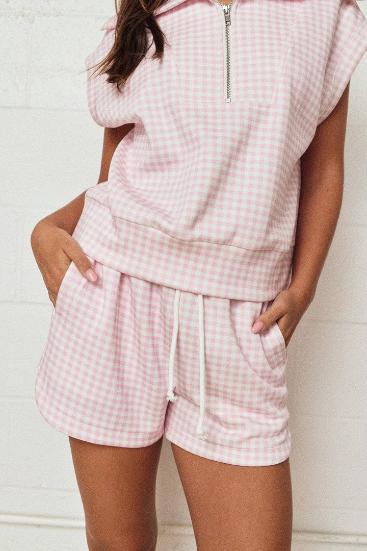 Papermoon - PX17846-3 - Gingham Zip Up Top Short Set: PINK / S-M-L (3-2-1)