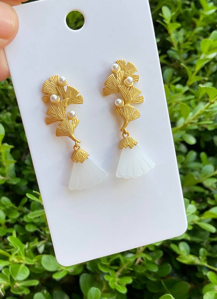 Baubles by Maggi - Vintage style gold ginkgo pearl earrings 