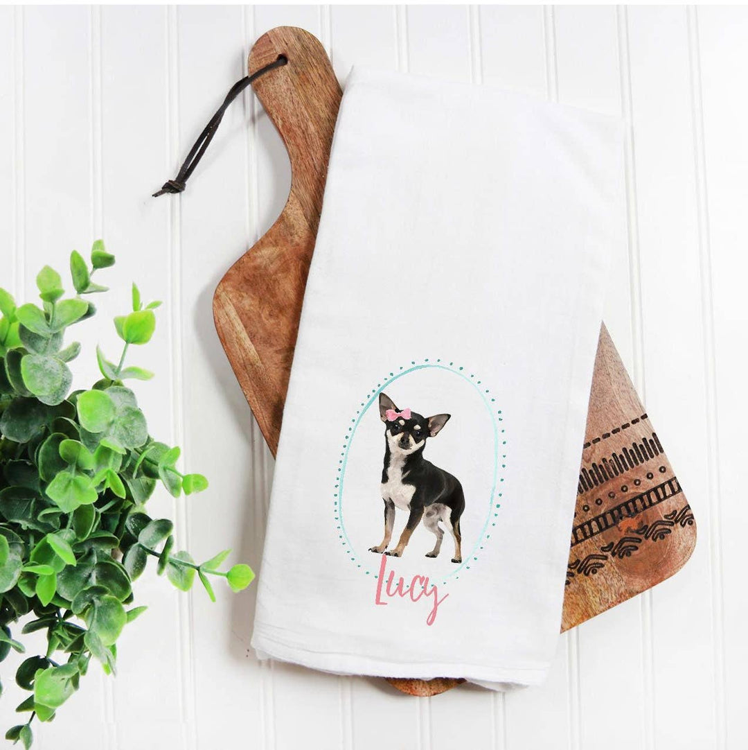 The Preppy Pineapple Home - Custom Black Chihuahua  Flour Sack Towel, Dog Mom, Dog Dad, Personalized Name, Pet Name Gift, Watercolor Pet Portrait, Floral Crown: No Accessory / Wingback Chair