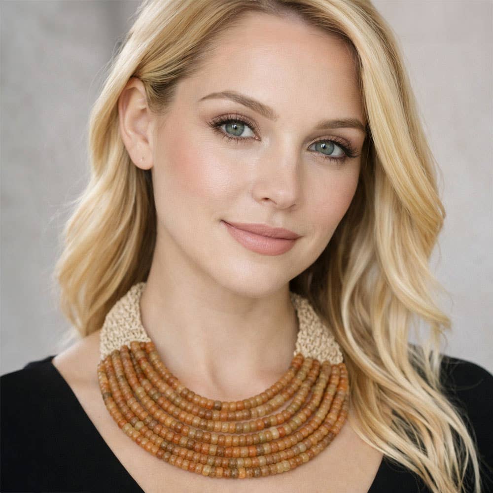 Sensibling Corp. - Woven Detail Multi Strand Beaded Collar Statement Necklace: Light Blue