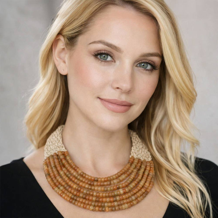 Sensibling Corp. - Woven Detail Multi Strand Beaded Collar Statement Necklace: Light Blue