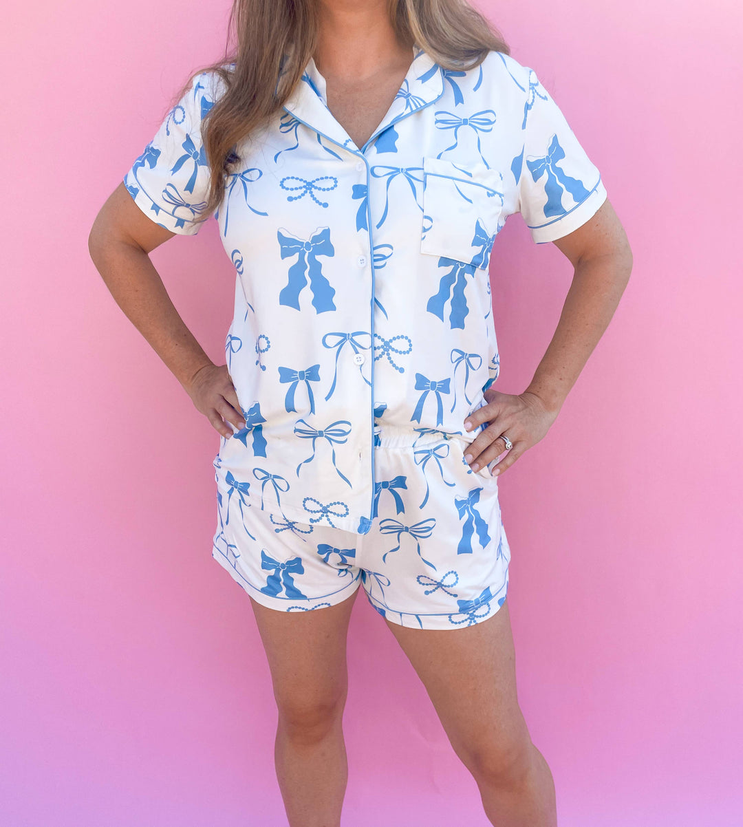 Rock Paper Scissors - Blue and Cream Bows Short Sleeve Loungewear Pajama Set: XL