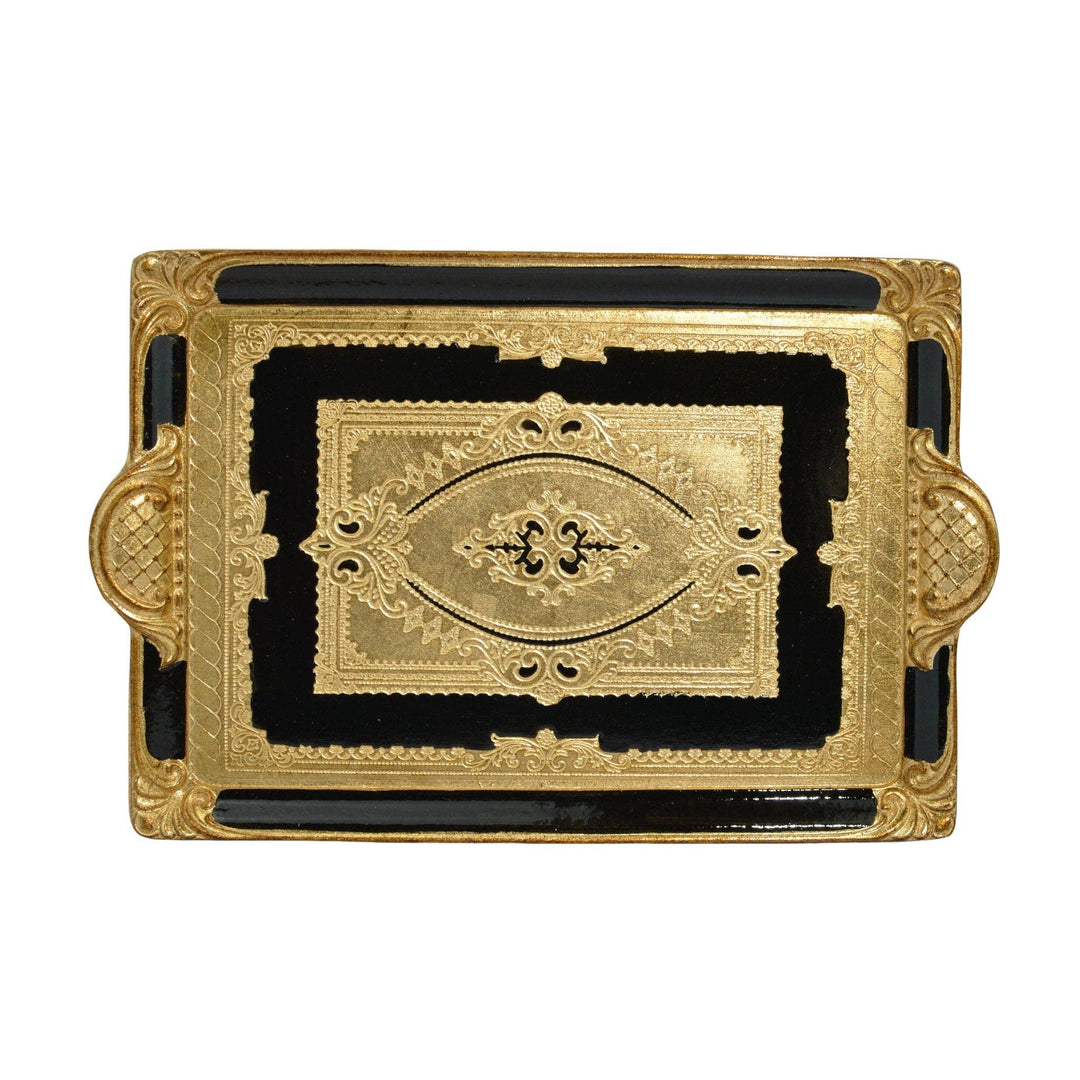 Florentine Carved Rectangle Tray with Handles, M or L, Made in Italy: Black / Medium