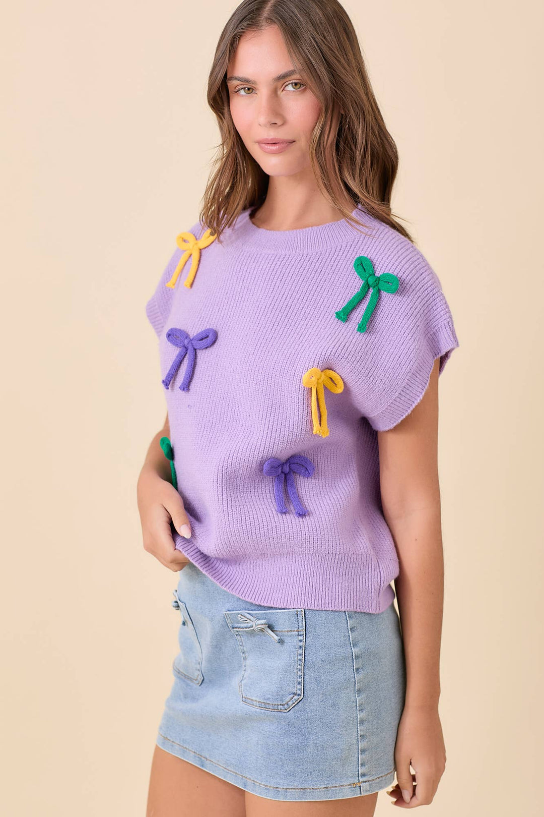 Main Strip - Mardi Gras Ribbon Bow Knit Top: PURPLE / L