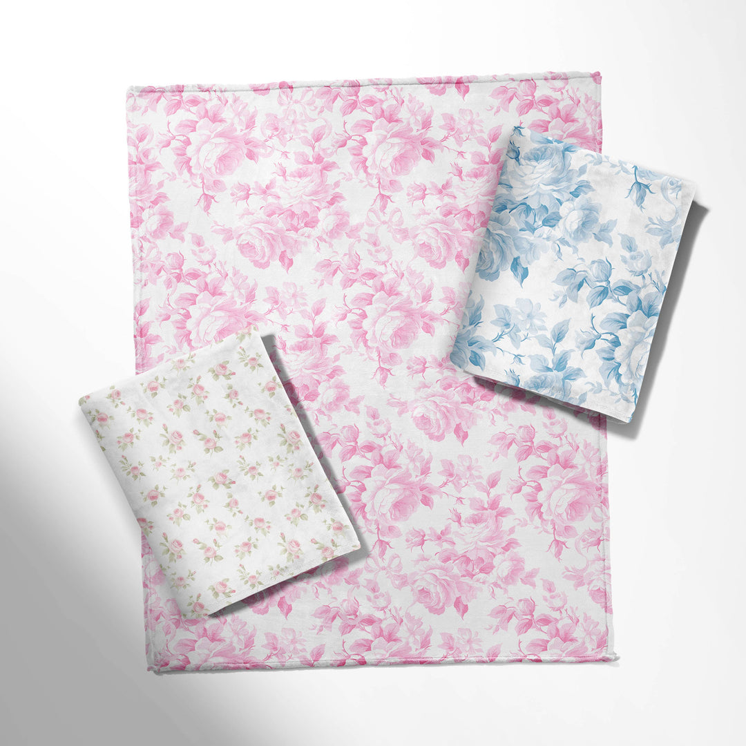 Boutique Monogram - Fancy Love Pink and Blue Roses Collection Throw Blanket: Pink Roses / Sherpa White / Large 50"x60"