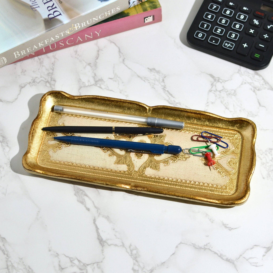 Florentine Carved Gilded Wood Narrow Tray, Made in Italy: Cappuccino