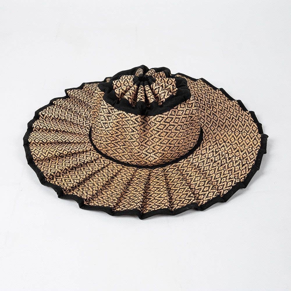 MKS America - Boho Checkered Straw Hat Foldable Beach Sun Hat: TGrass / M