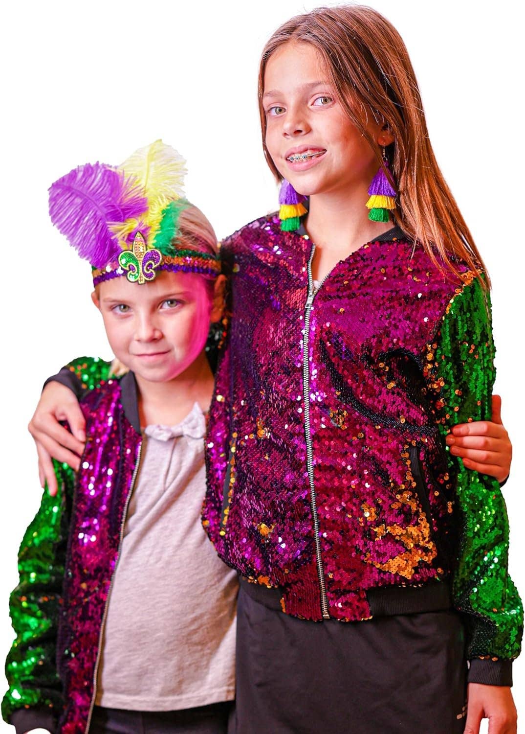The Mardi Gras Krewe - Mardi Gras Sequin Headband with Feathers, Mardi Gras Accessories, Green Purple and Yellow Feather Headband with Fleur-de-lis