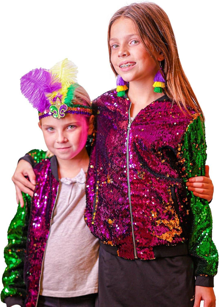 The Mardi Gras Krewe - Mardi Gras Sequin Headband with Feathers, Mardi Gras Accessories, Green Purple and Yellow Feather Headband with Fleur-de-lis