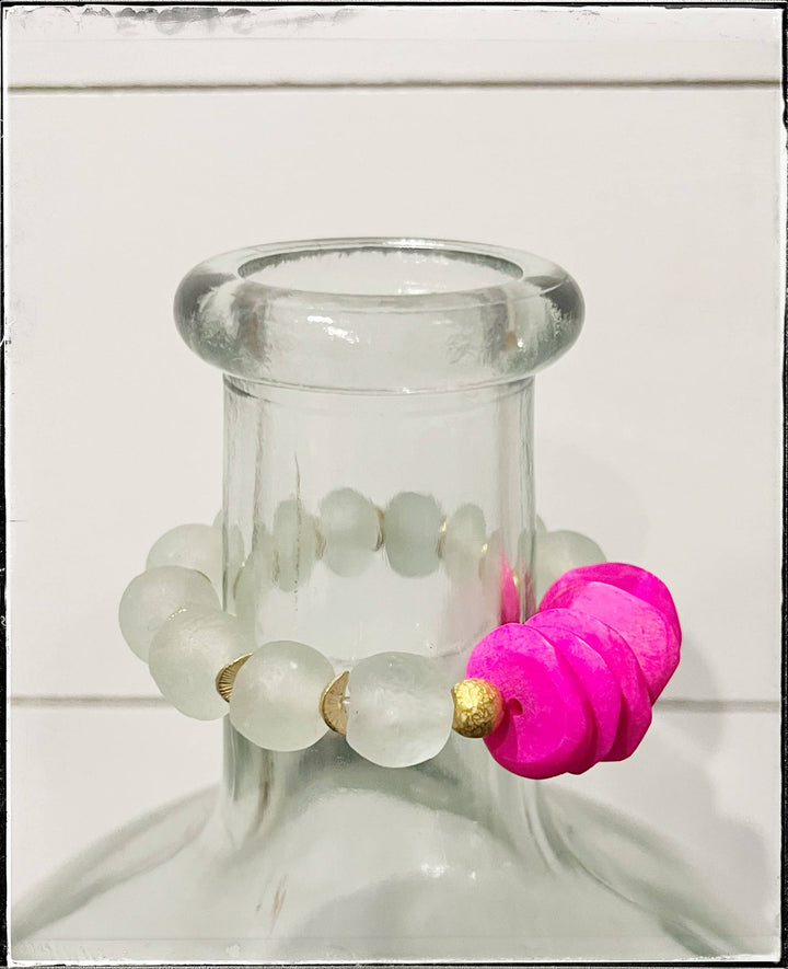 GentrybyJenna - African Bone & Recycled Glass Bead Stretch Bracelet- Pink: 7”