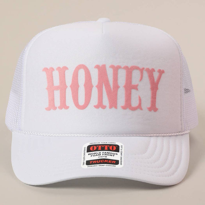 Fashion City - HONEY Text Logo Printed Mesh Back Trucker Hat: Pink / ONE SIZE