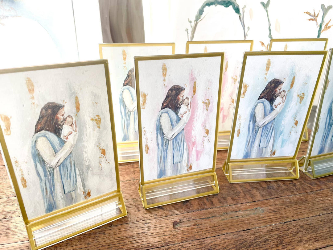 Mackenzie Kissell Art - Jesus and Baby 'I Knew You' in Acrylic Gold Frame 4x6: Pink/Blue Mixed