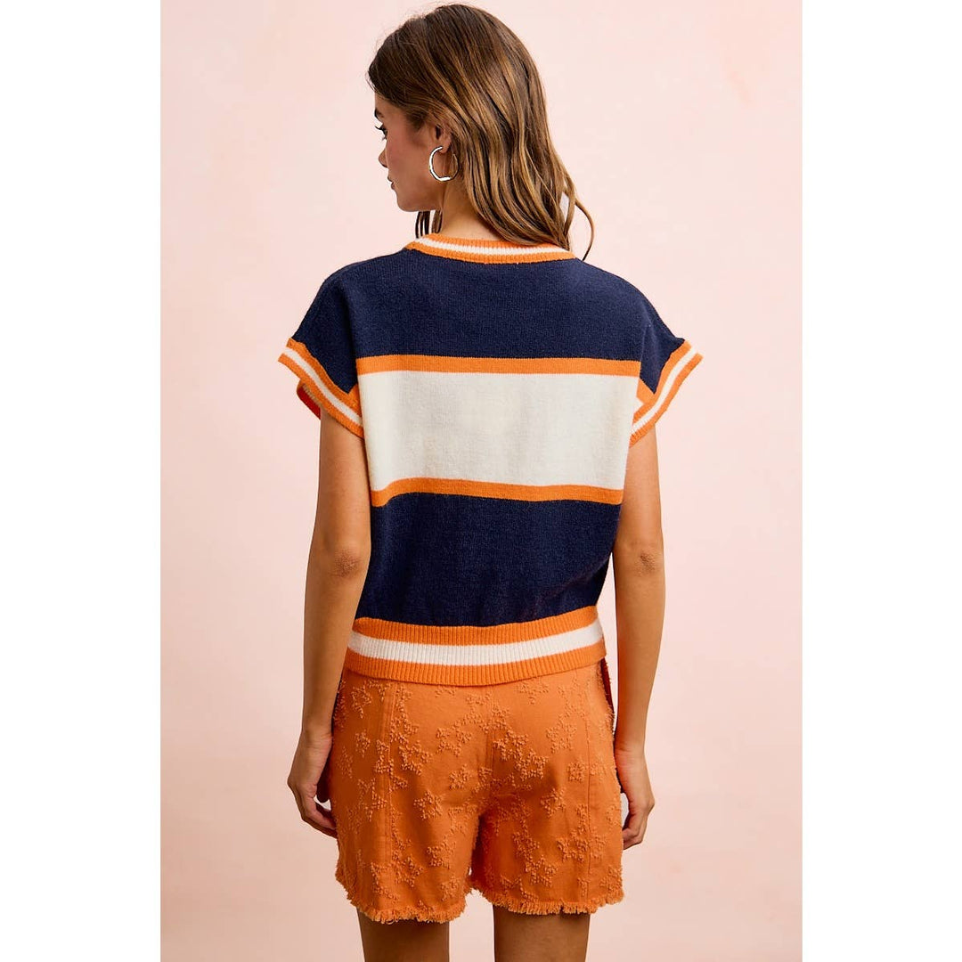 BiBi - GAMEDAY THEME COLORBLOCK REALXED FIT KNIT TOP: NAVY/ORANGE / XL