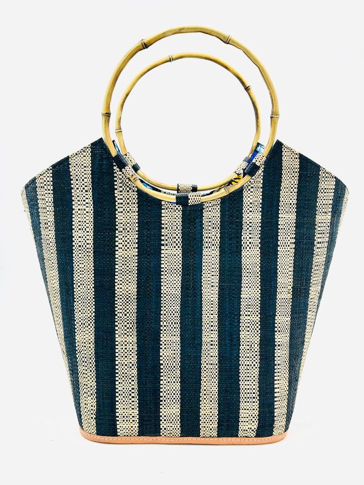 Shebobo - Carmen Solid & Stripes Straw Bucket Bag with Bamboo Handles: Natural