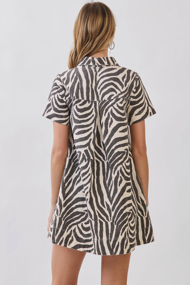 Zebra Print Button Down Collared Mini Dress: CREAM / S