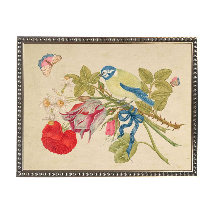 Antique Curiosities Inc - Bookplate P with birds on a distressed background: Beaded gold frame 1315-70 / 10" X 8"