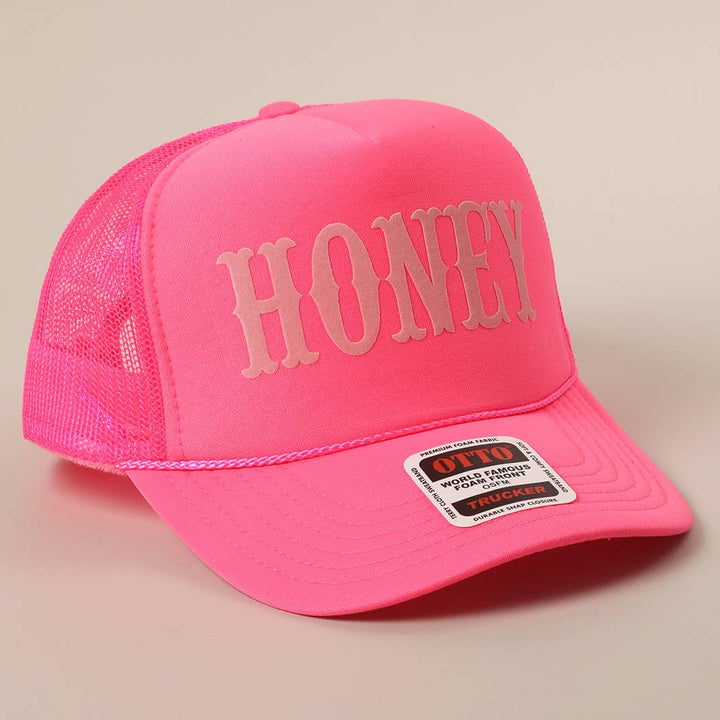 Fashion City - HONEY Text Logo Printed Mesh Back Trucker Hat: White / ONE SIZE