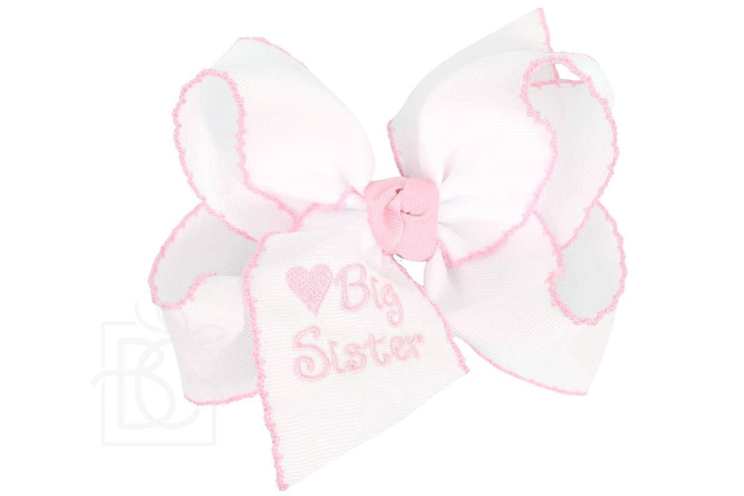 Beyond Creations, LLC - Embroidered Big Sister & Lil Sister Crochet Edge Bow: White w/ Pink Crochet Edge / 4.5" Large / Lil Sister