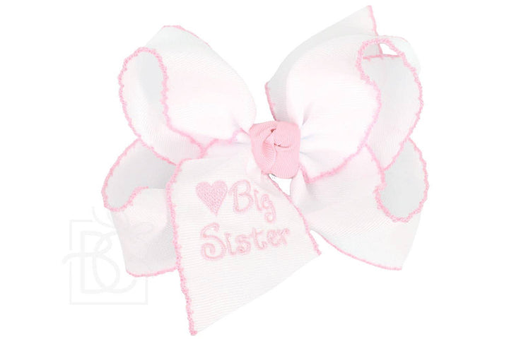 Beyond Creations, LLC - Embroidered Big Sister & Lil Sister Crochet Edge Bow: White w/ Pink Crochet Edge / 4.5" Large / Lil Sister