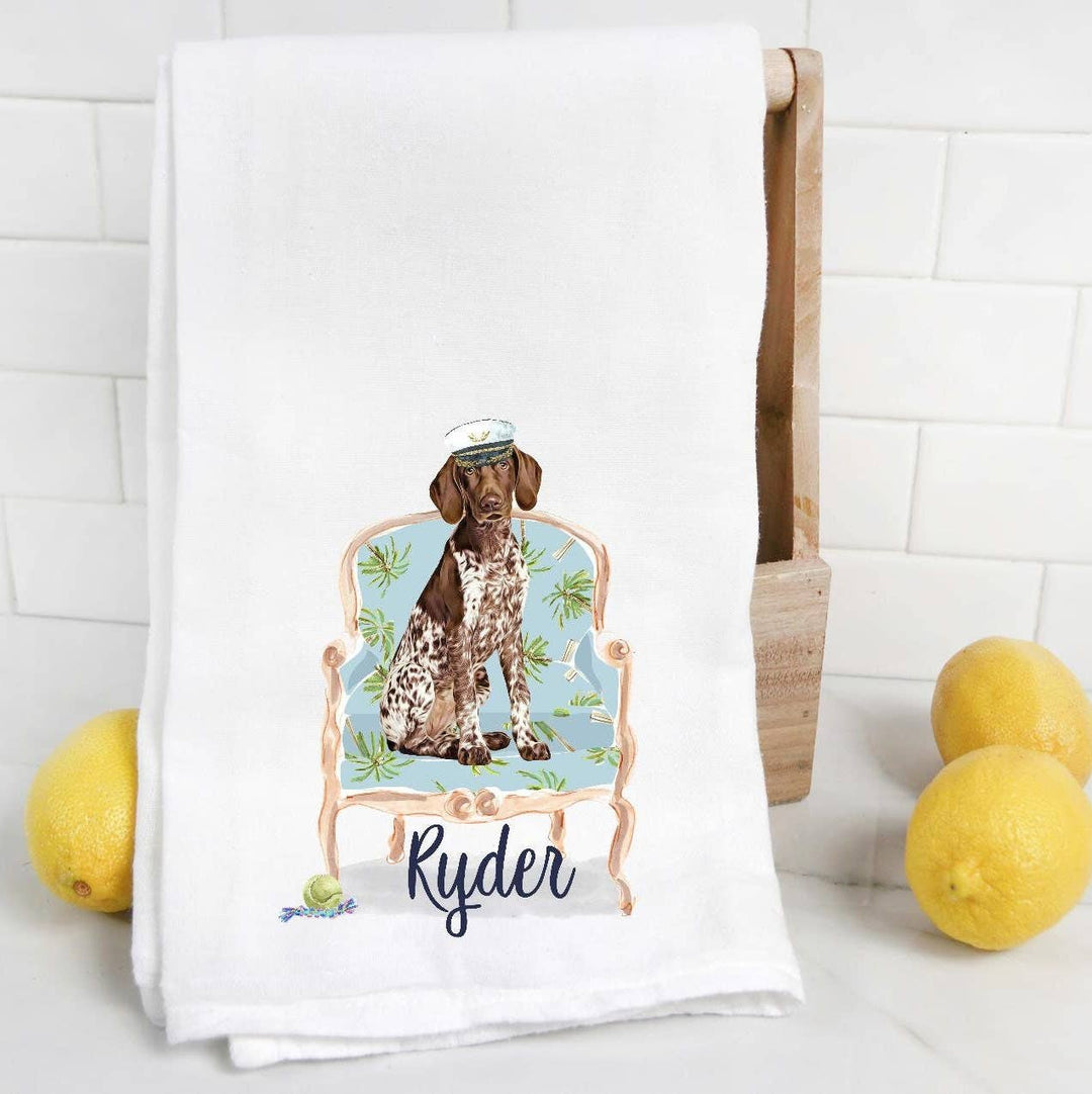 The Preppy Pineapple Home - Custom Brown Pointer Flour Sack Towel with Pet Name: No Accessory / Palm Chair