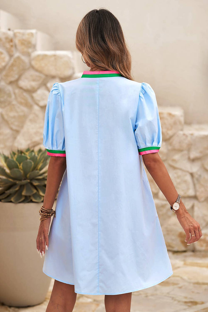 Contrast Striped Detail Notched Neck Puff Sleeve Dress: Myosotis / L